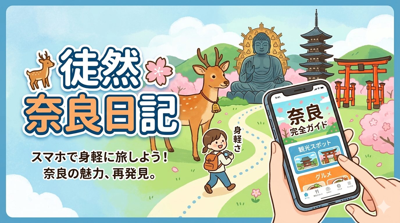 スマートフォンで奈良の電子旅行ガイドブックを見ながら、身軽に観光する女性のイラスト（徒然奈良日記）